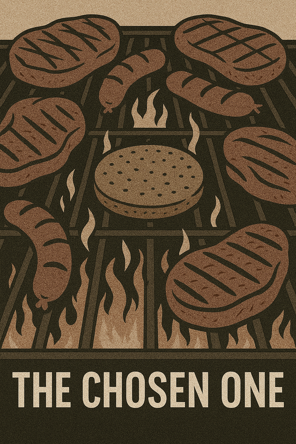 Lone veggie burger on grill surrounded by steaks